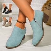 Chunky Heel Ankle Boots for Women – Round Toe Side Zipper Short Boots