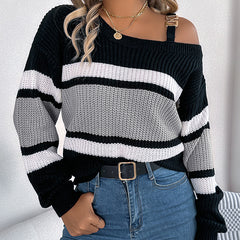 Women's Cold Shoulder Sweater - Fall Color Block Long Sleeve Pullover