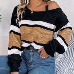 Women's Cold Shoulder Sweater - Fall Color Block Long Sleeve Pullover